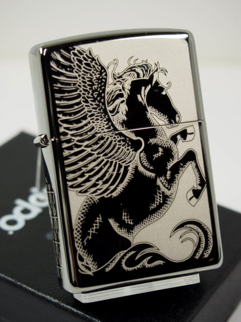ไฟแช็ค Zippo แท้ ลายม้าเพกาซัส "Winged Pegasus Black Ice Chrome" #28802 แท้นำเข้า 100%