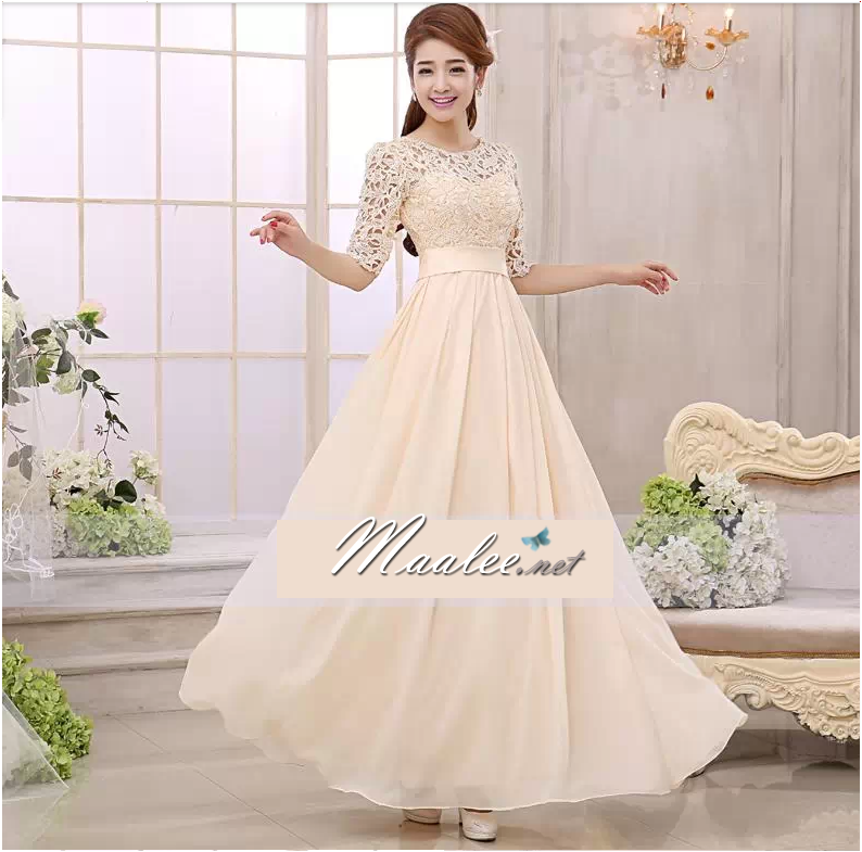 พร้อมส่ง ชุดราตรียาว สีครีม แขนสามส่วน ลูกไม้ฉลุ กระโปรงผ้าชีฟอง