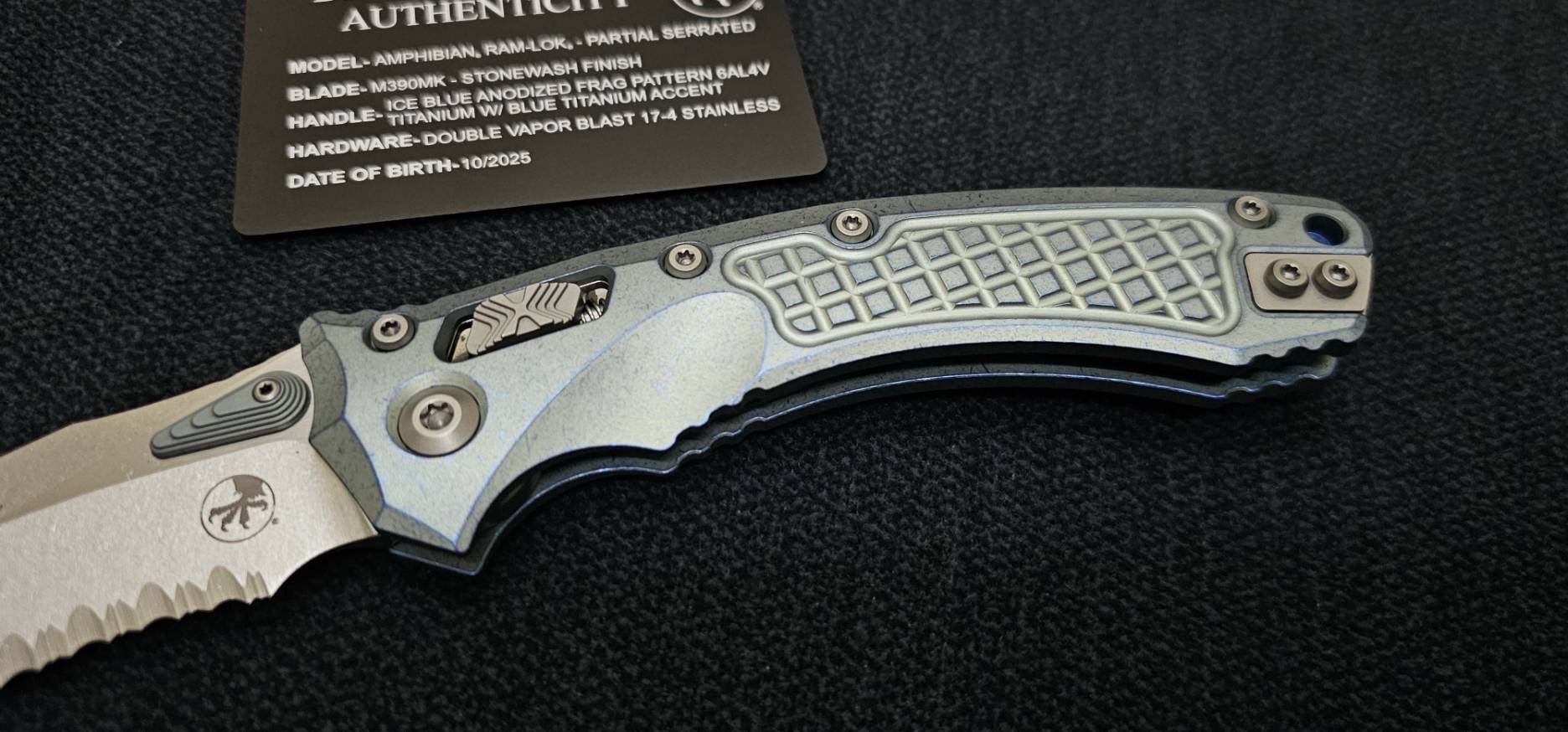 Microtech Marfione Select Amphibian RAM LOK Ice Blue Frag Titanium Handles & Serrated Stonewash M390MK & Blue Accents