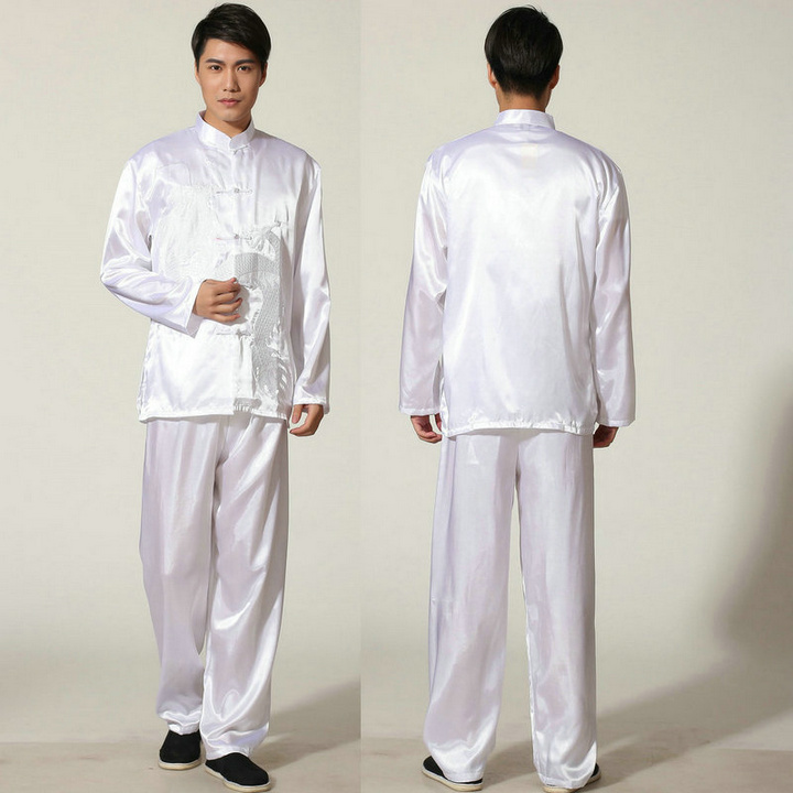 Pre-order ชุดจีน ชาย เสื้อพร้อมกางเกง สีขาว ปักลายมังกร