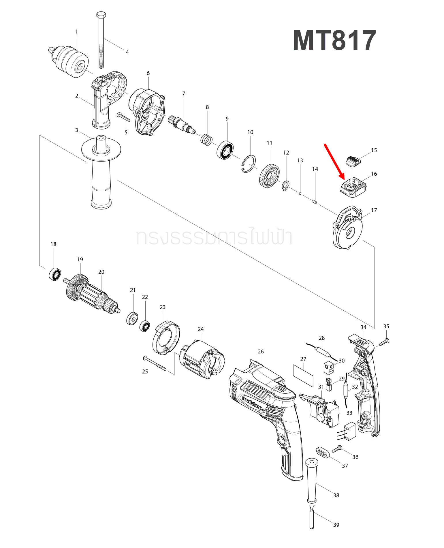 ฐานยึดตัวปรับระบบ สว่านกระแทก Maktec MT817 [#16] Pn.454116-7 (แท้) ##