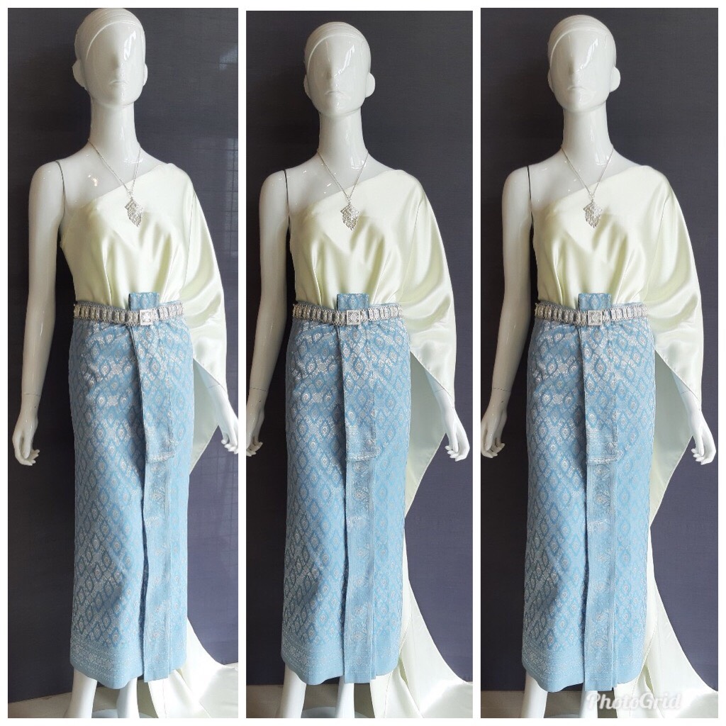 เช่า ชุดไทย ชุดเพื่อนเจ้าสาว ชุดไทยผ้าถุงสีฟ้าเทาเงิน สไบเรียบงาช้าง