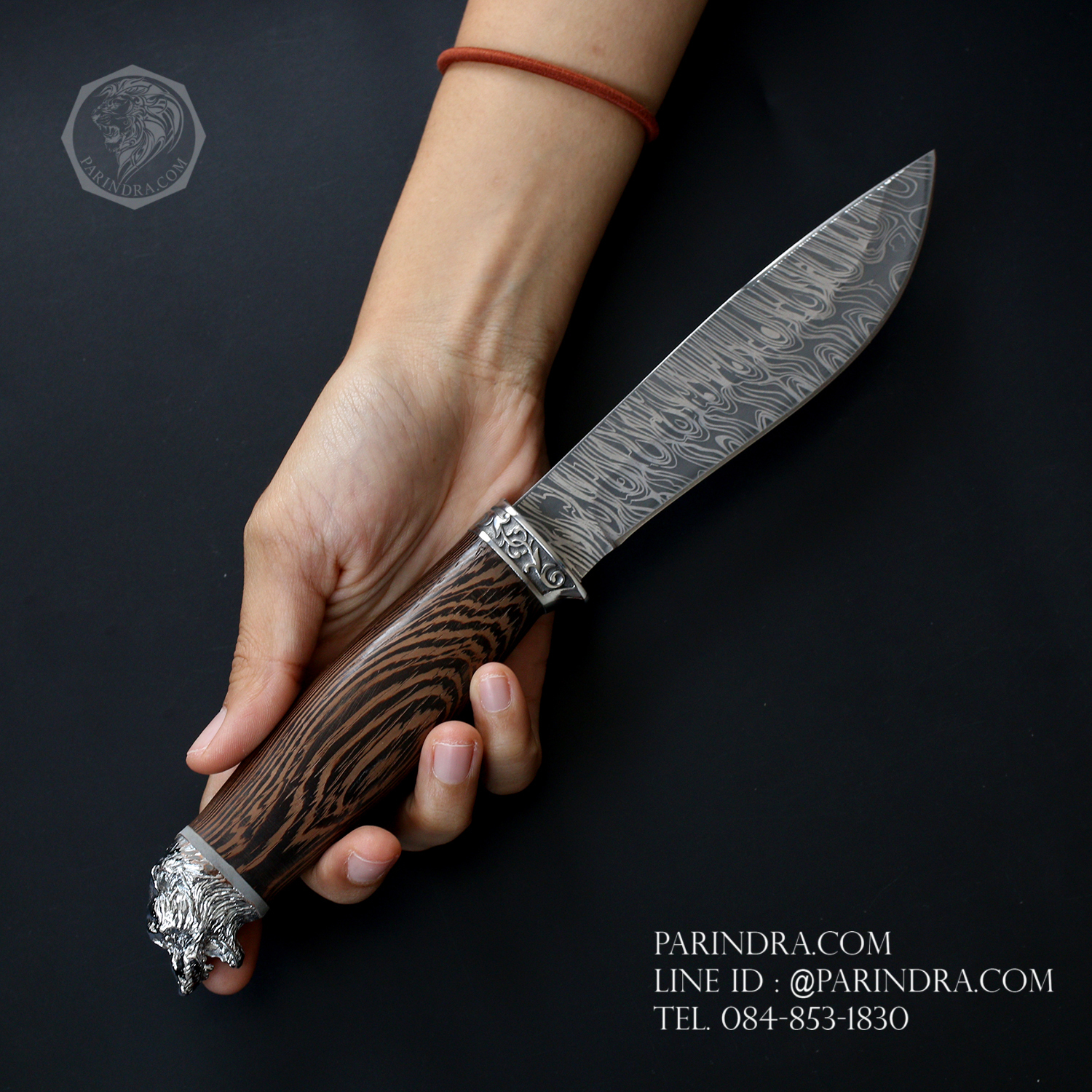 มีด Columbia ใบตาย ใบเลเซอร์ลายดามัสกัส ด้ามไม้ ท้ายด้ามหัวเสือ