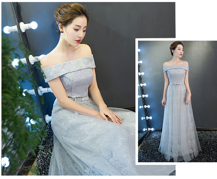 พร้อมเช่า ชุดราตรียาว สำหรับสาวไซส์ใหญ่ แบบปาดไหล่ สีเทา ลูกไม้หรูใส่ออกงานกลางคืน งานพรอม กระโปรงตาข่าย 2XL- 6XL (เชือกผูกหลัง)