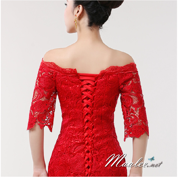 พร้อมเช่า ชุดราตรียาว สีแดง ลูกไม้ทัั้งตัว เปิดไหล่ แขนสามส่วน