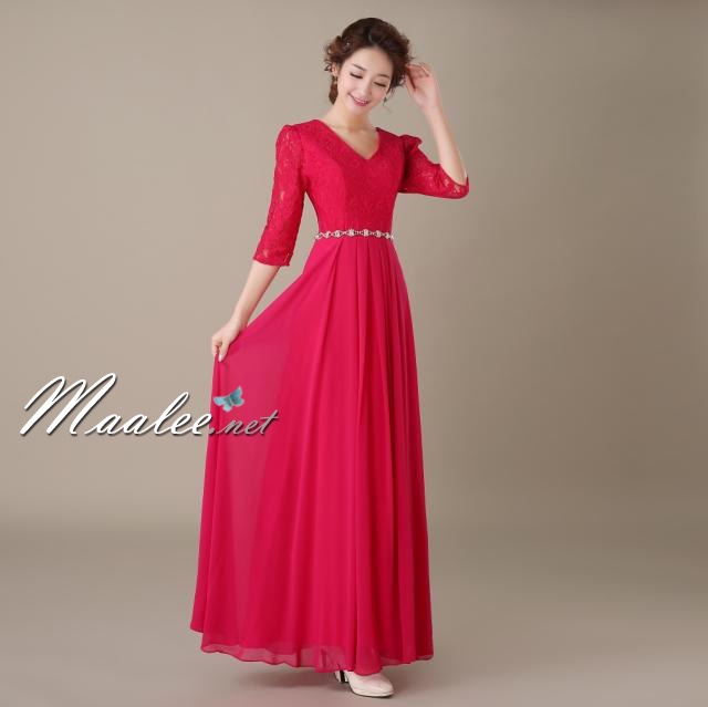 พร้อมเช่า ชุดราตรียาว สีชมพู บานเย็น ไซส์ใหญ่ แขนสามส่วน แต่งลูกไม้ กระโปรงผ้าชีฟอง เอวแต่งเพชร มีไซส์ XL - 3XL