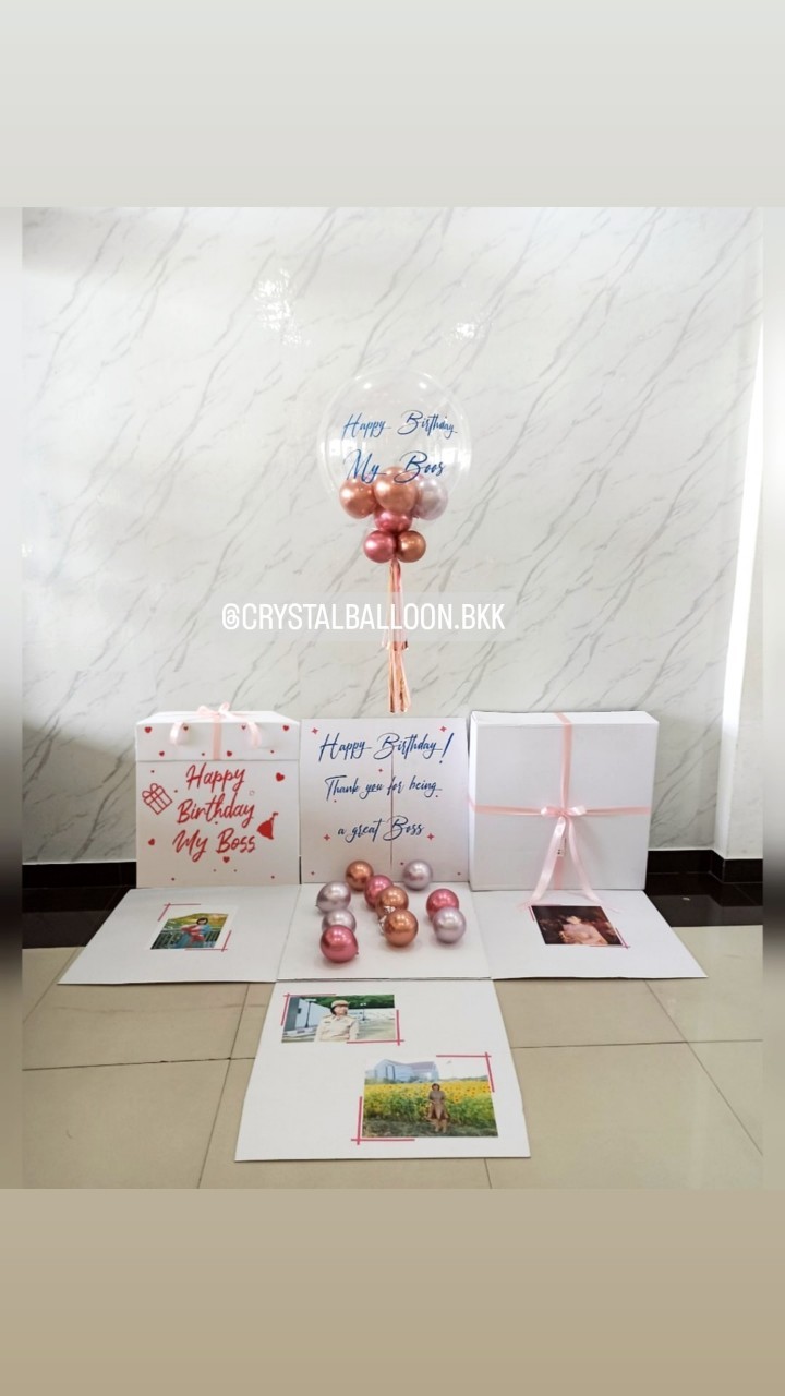 Happy Birthday Surprise Box กล่องเซอร์ไพรส์วันเกิด Bubble USA ขนาด 24" Theme โรสโกลด์ พร้อมตกแต่ง สามารถใส่รูปได้ 4 ใบ สามารถเปลี่ยนสีลูกโป่ง/เปลี่ยนสีข้อความได้
