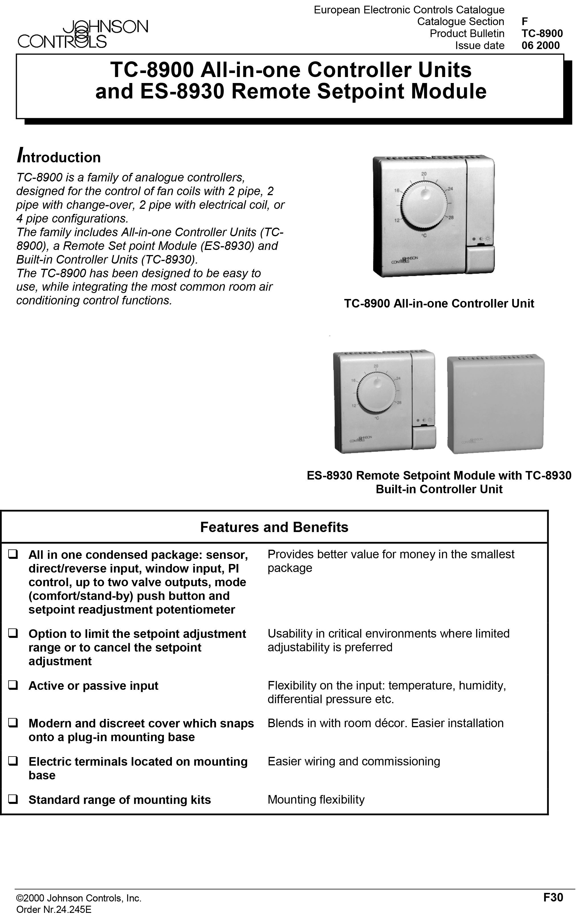 JOHNSON CONTROL Model TC8903-1131-WK Thermostat Proportional Incremental , Rang 12-28°C