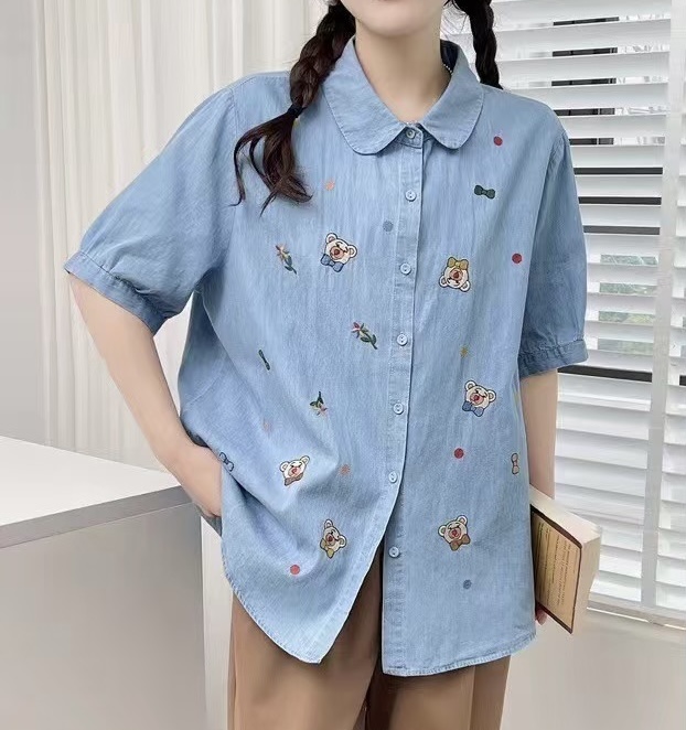 เสื้อเชิ้ตยีนส์ปักลายหมี