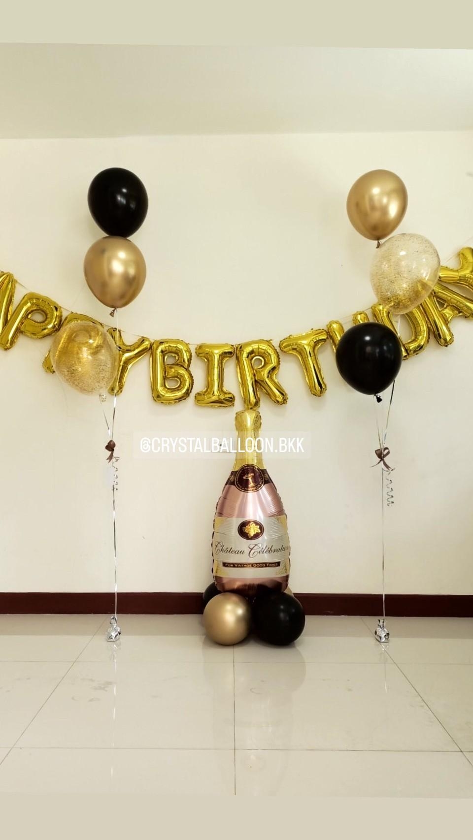ลูกโป่ง วันเกิด ฟอยล์ขวดไวน์ ตั้งฐาน 1 ชิ้น พร้อม ฟอยล์ตัวอักษร Happy Birthday พร้อมตกแต่ง ช่อลูกโป่ง 3 ลูก 2 ช่อ,ลูกโป่งใส ใส่กลิตเตอร์ สามารถเปลี่ยนสีลูกโป่ง/เปลี่ยนสี-ฟอยล์ตัวอักษร/เปลี่ยนสี-ฟอยล์ตกแต่งได้