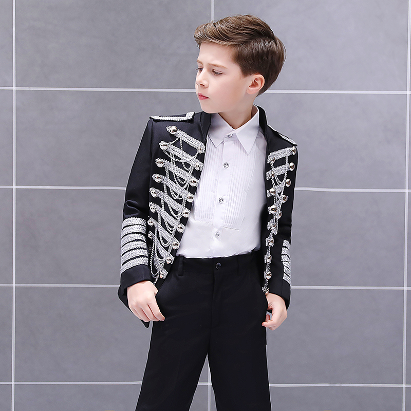 Pre-order ชุดสูทเด็กชาย สีดำพู่ประดับเงิน เครื่องแบบทหารสไตล์ยุโรป