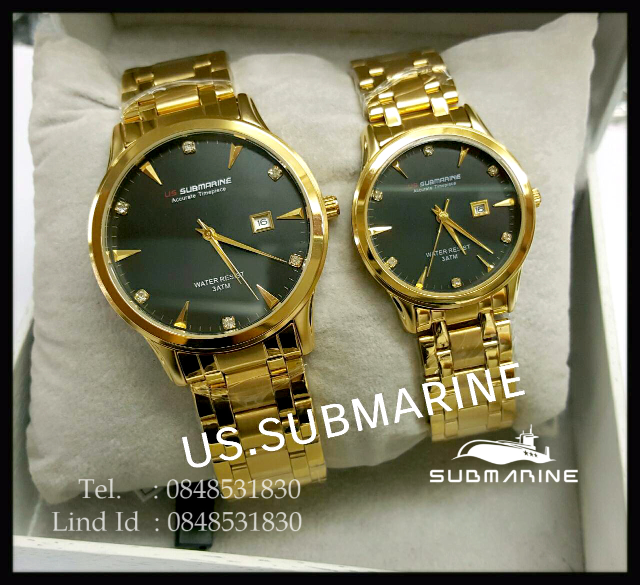 นาฬิกาคู่ US submarine รุ่น J117MD เรือนสีทองหน้าปัดสีดำ เลขเพชร แพคคู่