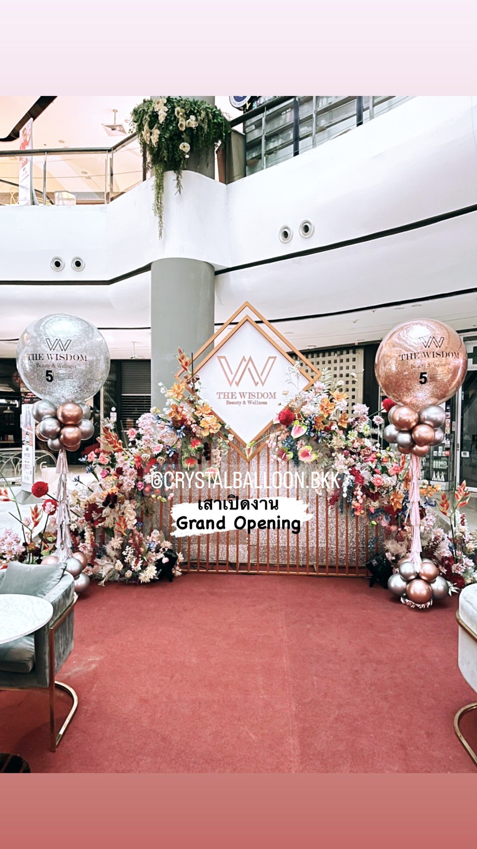 เสาลูกโป่ง เปิดงาน-เปิดสาขา Bubble 36" Theme เงิน-โรสโกล 2 เสา พร้อมตกแต่ง สามารถเปลี่ยนสีลูกโป่ง/เปลี่ยนข้อความได้