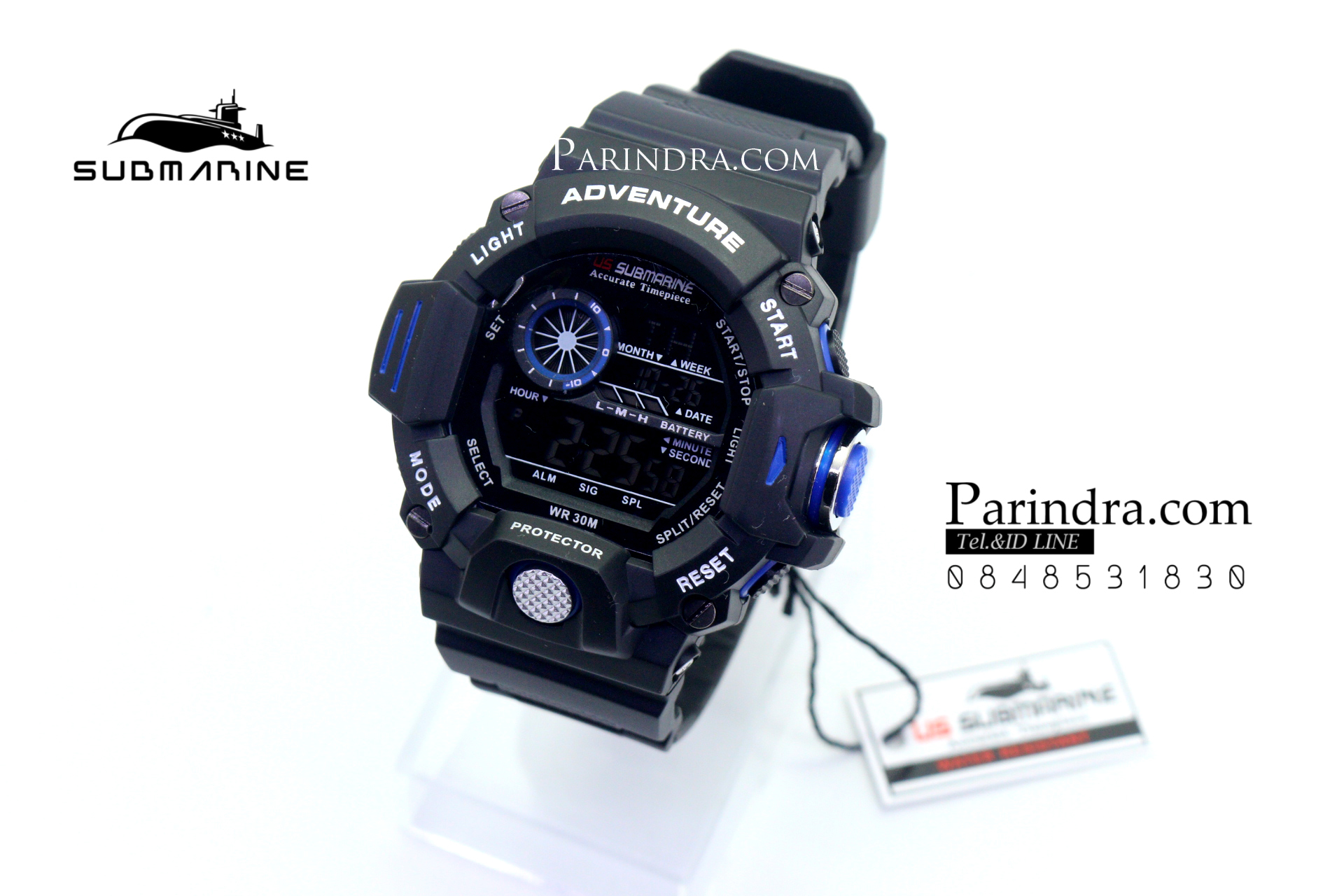 นาฬิกา US submarine รุ่น TP1328M สีดำตัดน้ำเงิน พื้นหลังดำ