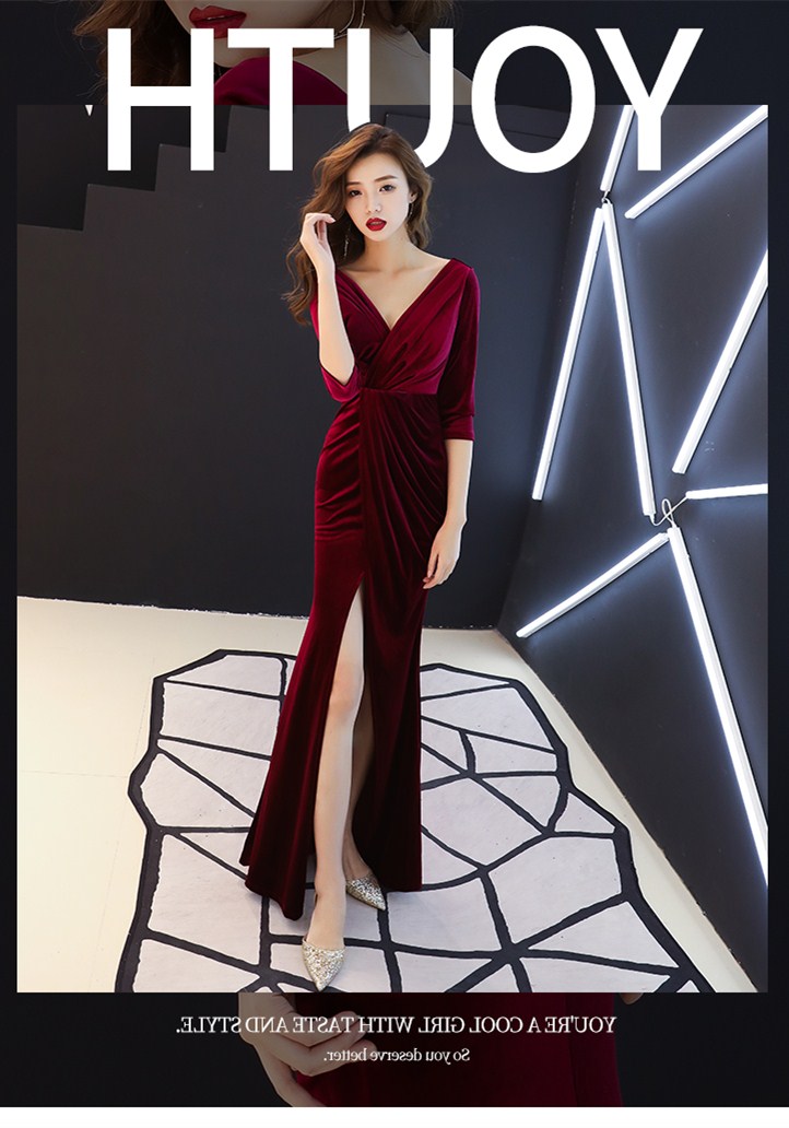 พร้อมส่ง ชุดราตรียาว กำมะหยี่แขนยาว เดรสยาวทรงหางปลา สีไวน์แดง