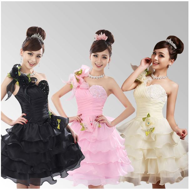 พร้อมเช่า ชุดแฟนซี ชุดราตรีสั้น ไหล่เฉียง กระโปรงระบาย ผ้าแก้ว แต่งดอกไม้สวยหวาน สีชมพู