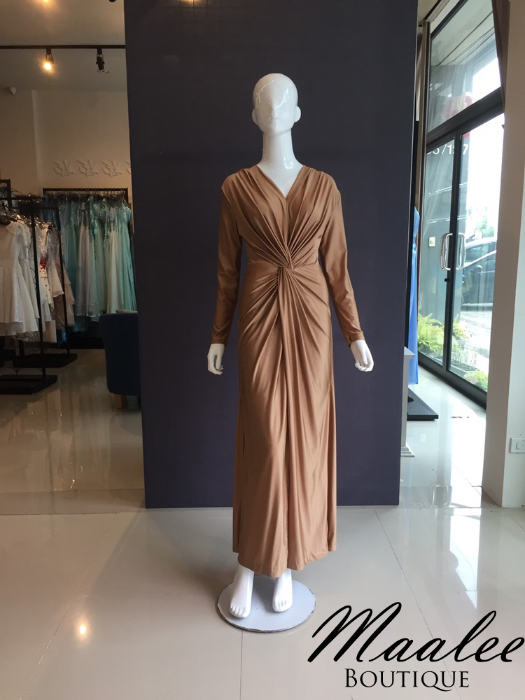 พร้อมเช่า ชุดราตรียาว แขนยาว สีทอง เนื้อผ้ายืดใส่สบาย