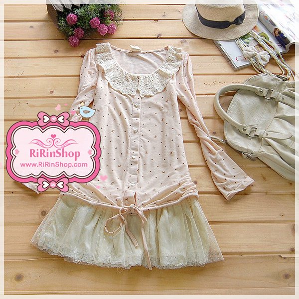 ชุดเดรส Set 2 ชิ้น เสื้อคลุมแขนยาวปกฉลุ ลายหัวใจโบว์เล็กๆ ชายผูกโบว์น่ารักค่ะ