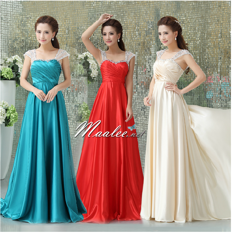 พร้อมส่ง ชุดราตรียาว สีแดง ผ้าซาตินมันเงา สวยหรู ประดับคริสตัลช่วงบนอกจับจีบ ชายกระโปรงยาว