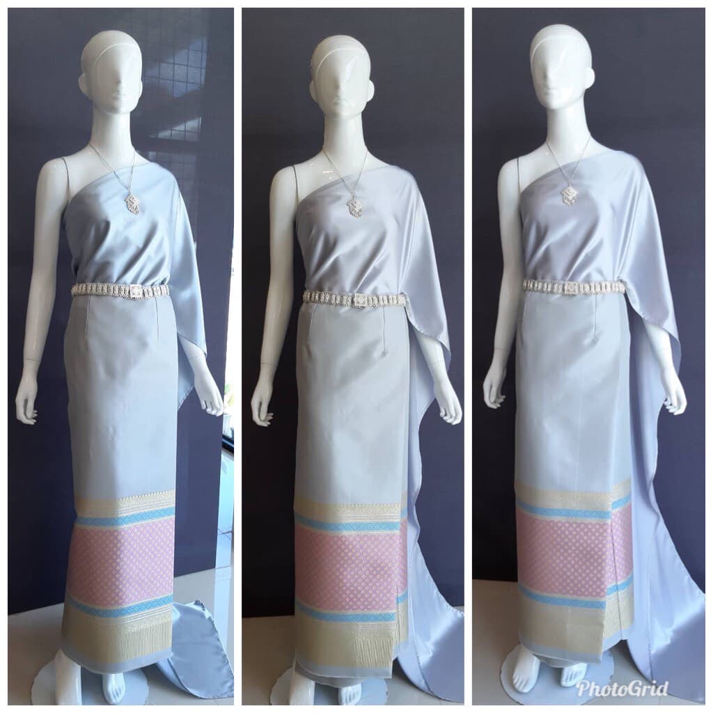 เช่า ชุดไทย ชุดเพื่อนเจ้าสาว ชุดไทยผ้าซิ่นสีเทาเงิน สไบเรียบสีเทาอมฟ้า