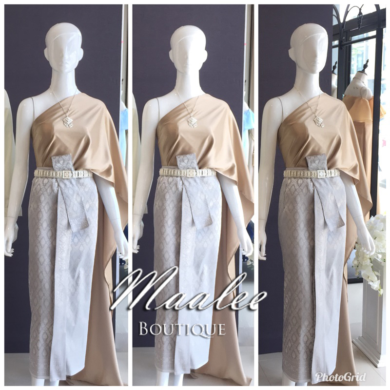 เช่า ชุดไทย ชุดเพื่อนเจ้าสาว ชุดไทยผ้าถุงสีเทาเงิน สไบเรียบ สีน้ำตาลทอง
