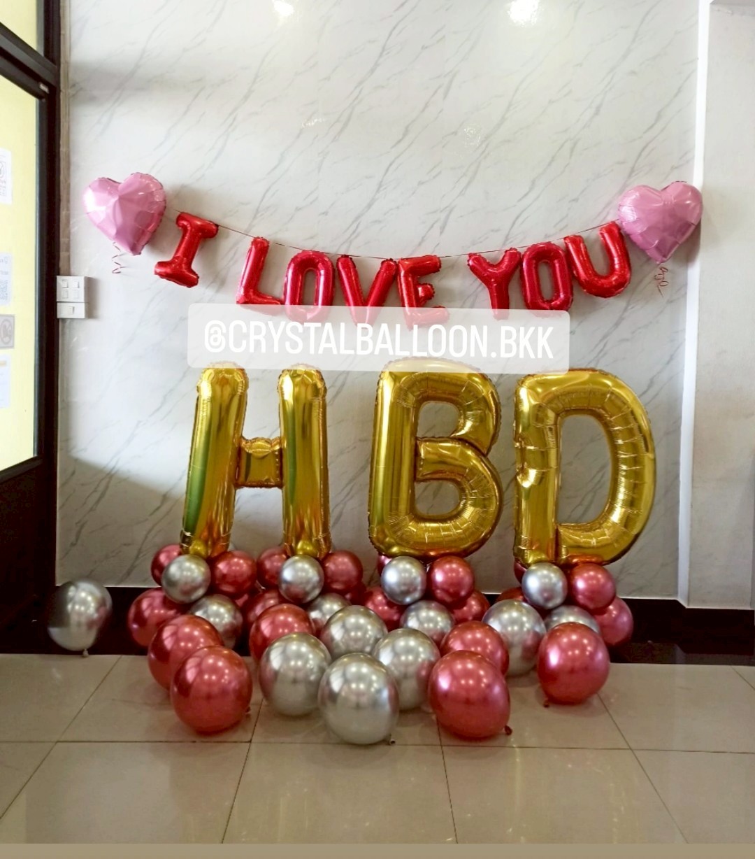 ลูกโป่งเซอร์ไพรส์วันเกิด ฟอยล์ตัวเลขตั้งฐาน 40" 3 ชิ้น ,ฟอยล์ 16" 8 ตัวอักษร , ฟอยล์หัวใจ 18" 2 ชิ้น ,ลูกโป่งโปรยพื้น 12" 12ลูก ,พร้อมตกแต่ง สามารถเปลี่ยนสีลูกโป่ง/เปลี่ยนข้อความได้
