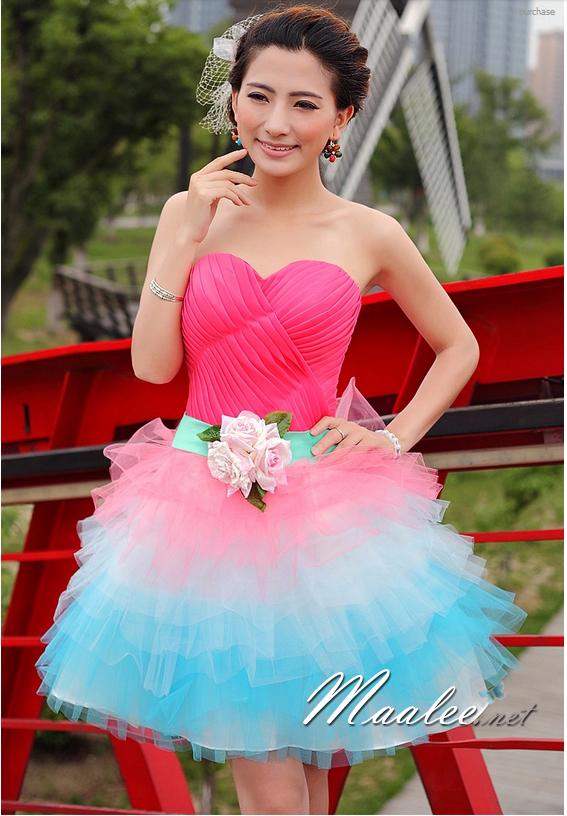 พร้อมเช่า ชุดแฟนซี เช่า 500 ชุดราตรีสั้น เกาะอก สีชมพู สีหวานเย็น อกจับจีบตีเกล็ด กระโปรงตาข่าย น่ารักมาก