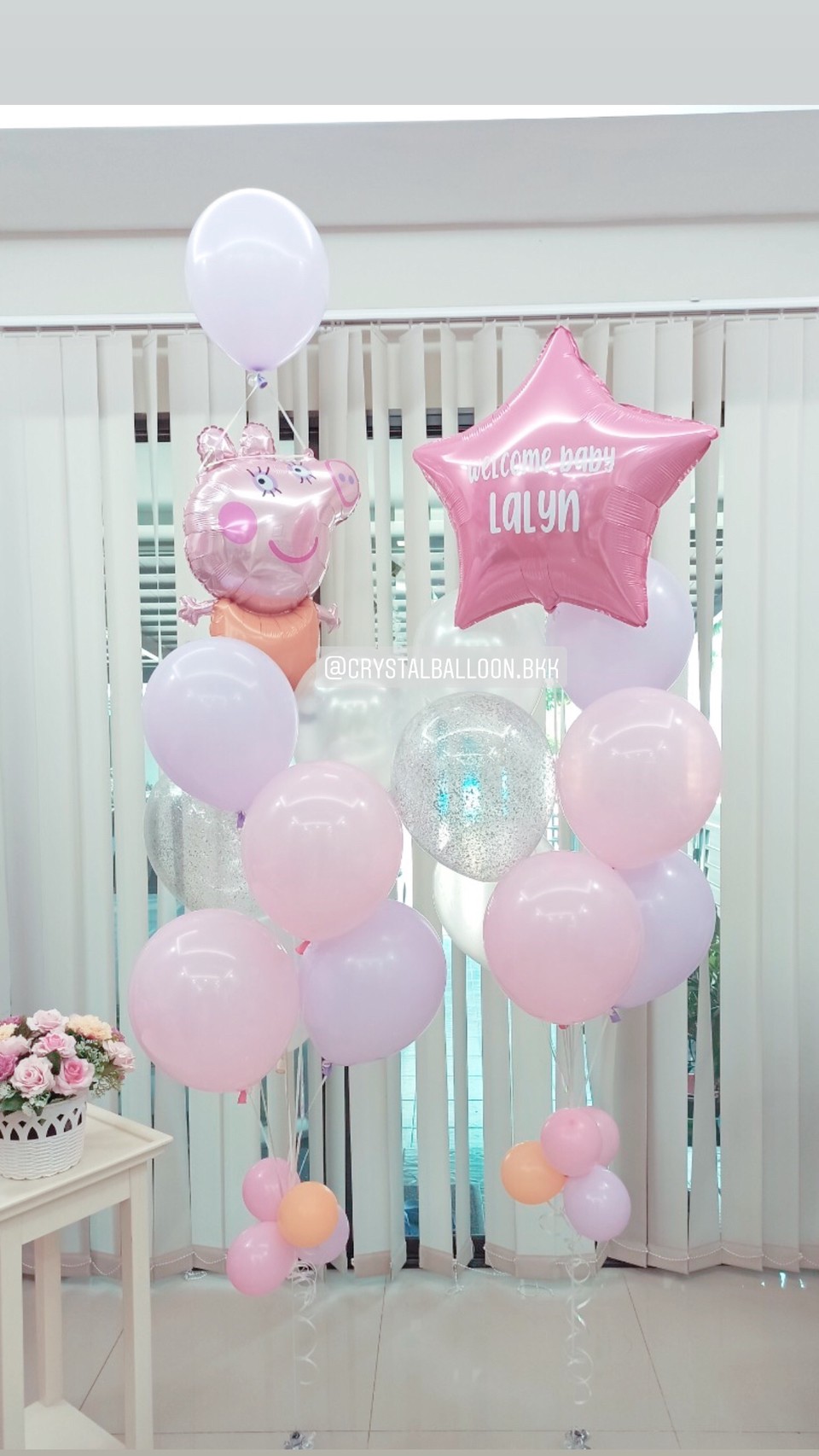 ลูกโป่ง Welcome Baby Girl Theme พาสเทล ช่อลูกโป่งฟอยล์ดาว ขนาด 24" ช่อ 8 ลูก 1 ช่อ พร้อมตกแต่ง ช่อลูกโป่ง ฟอยล์ Peppa Pig ช่อ 8 ลูก 1 ช่อ,ลูกโป่งใส ใส่กลิตเตอร์ สามารถเปลี่ยนสีลูกโป่ง/เปลี่ยนข้อความ/เปลี่ยนฟอยล์ตกแต่งได้