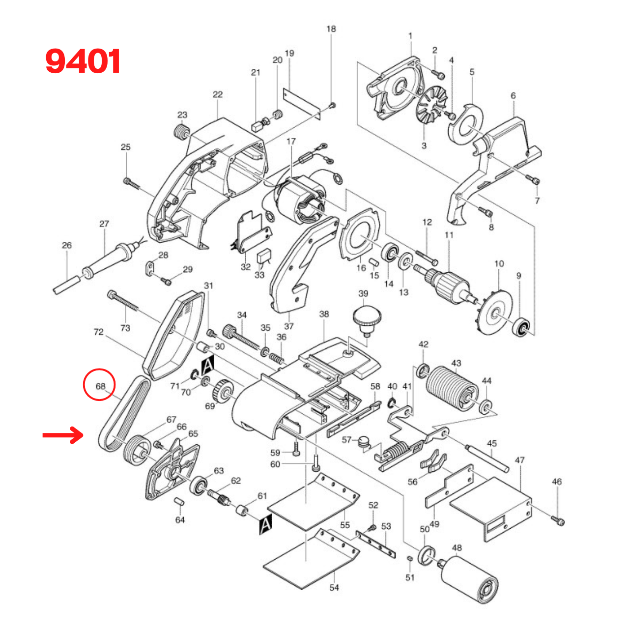 สายพาน เครื่องขัดกระดาษทราย Makita มากีต้า 9401, 9402 [#68] Pn.225021-3 (แท้) ##(*)