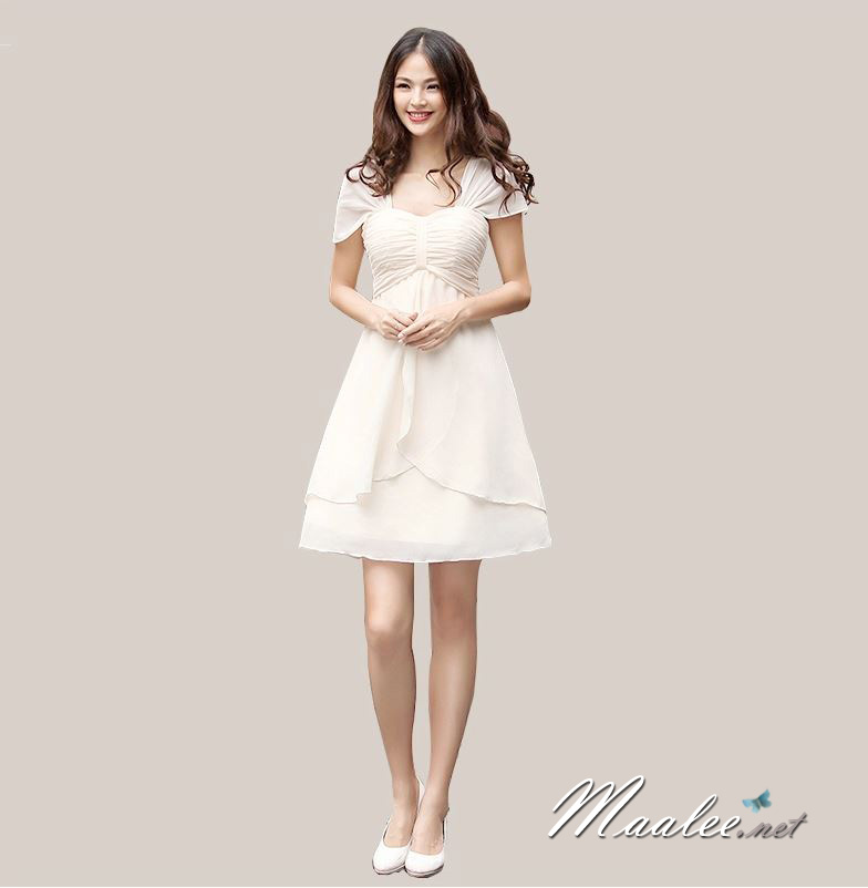 พร้อมส่ง ชุดราตรีสั้น แบบปิดไหล่ สไตล์เรียบหรู สีครีม อกจับจีบพร้อมเชือกผูกเป็นโบว์ (คนท้องใส่ได้)