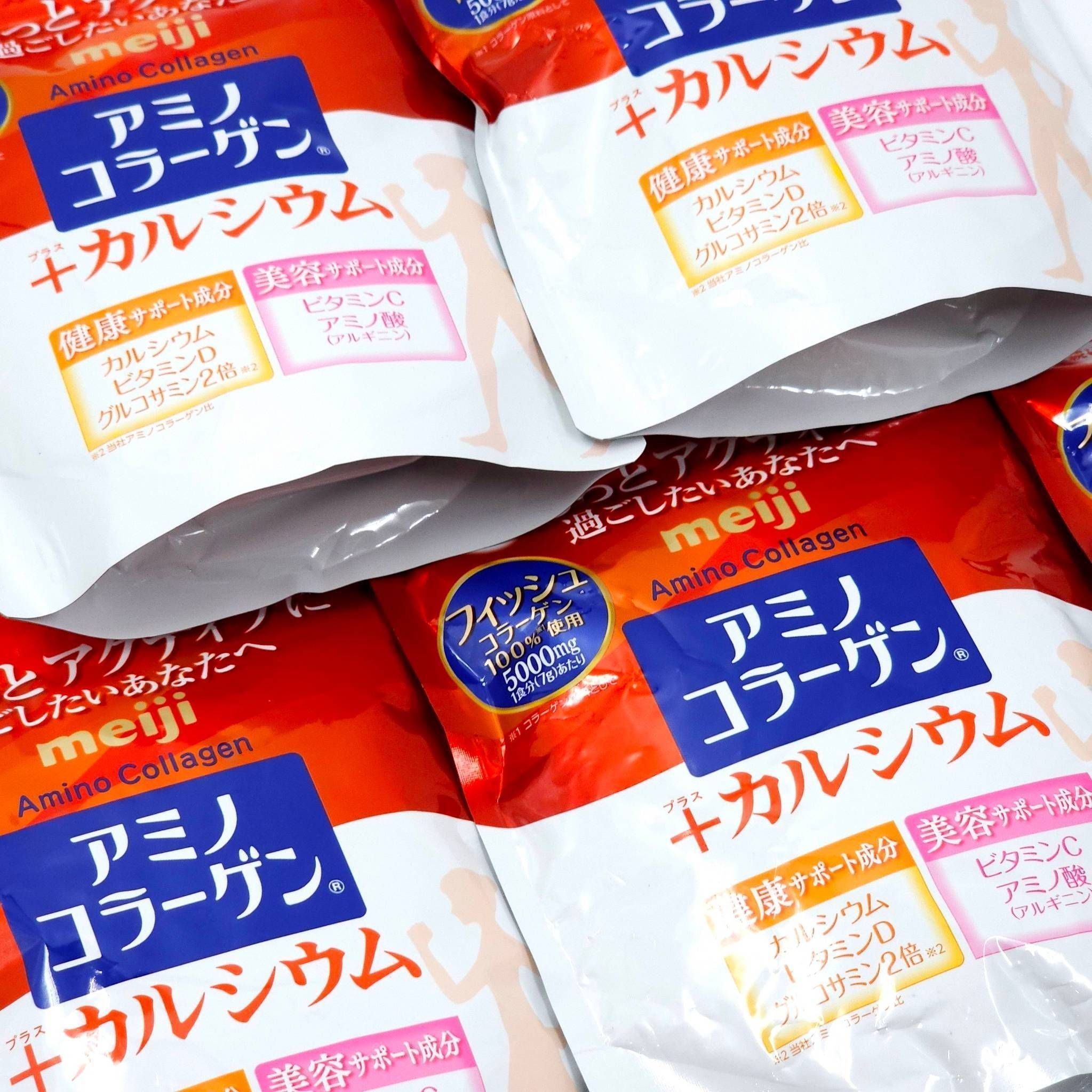 คอลลาเจน (รุ่นไม่เหม็นคาว) Meiji Amino Collagen Plus Calcium 5000 มิลลิกรัม บรรจุ 98 g.