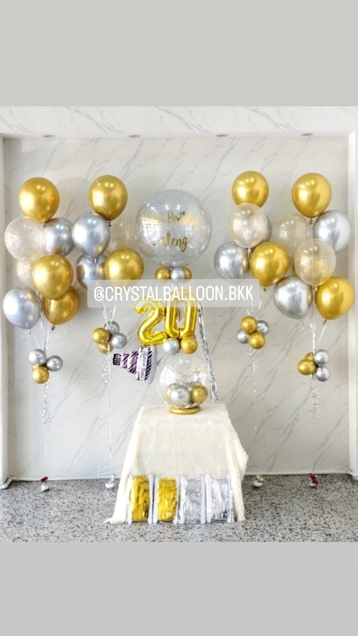 ลูกโป่ง วันเกิด Bubble 24" กลิตเตอร์สีเงิน 1 ลูก พร้อม ช่อลูกโป่งสีโครเมี่ยม ช่อ 7 ลูก 2 ช่อ,ช่อลูกโป่งสีโครเมี่ยม ช่อ 5 ลูก 2 ช่อ,Bubble 18"+ฟอยล์ตัวเลข 16" 2 ชิ้น,ม่านฟอยล์ 4 แพ็ค พร้อมตกแต่ง สามารถเปลี่ยนสีลูกโป่ง/เปลี่ยนข้อความได้