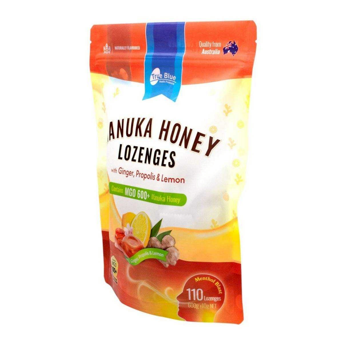 True Blue ลูกอมมานูก้าฮันนี่ Manuka Honey Lozenges with Ginger, Propolis & Lemon (MGO 600+) ขนาด600g