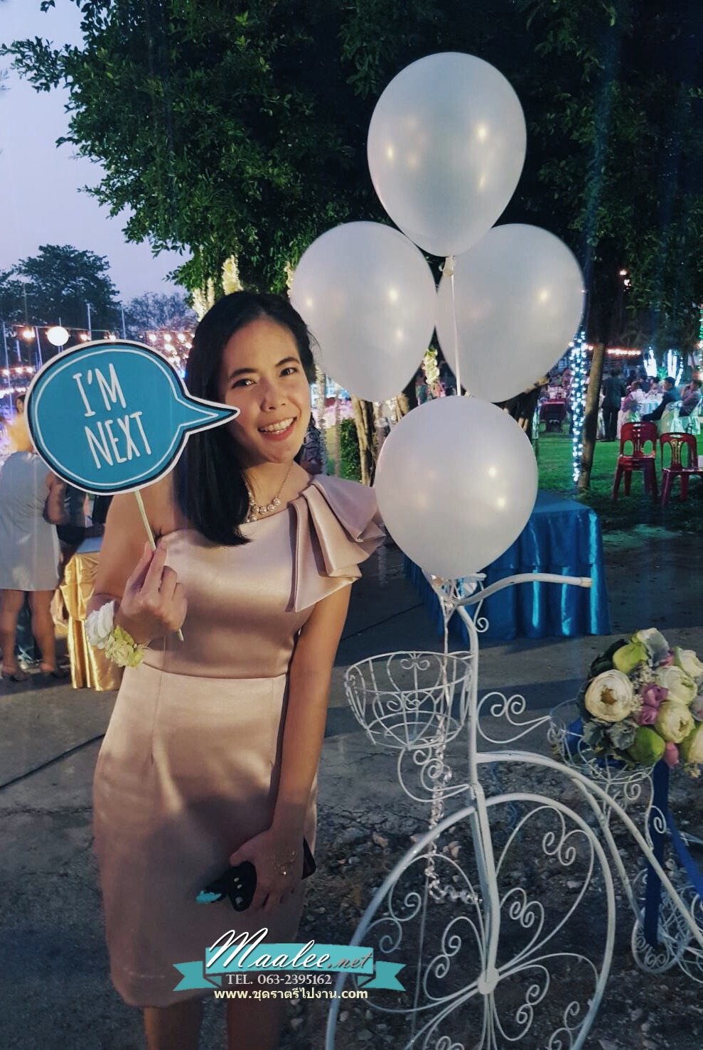 พร้อมเช่า ราตรีสั้น เดรสไหล่เดียว ผ้าดัชเชส ทรงเข้ารูป แต่งระบาย สีทอง rose gold