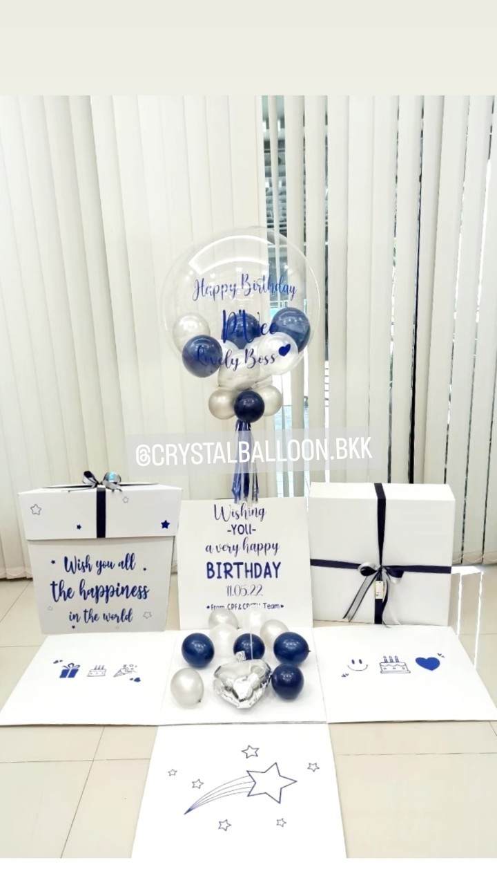 Happy Birthday Surprise Box กล่องเซอร์ไพรส์วันเกิด Bubbe USA ขนาด 24'' Theme Dark Blue พร้อมตกแต่ง สามารถใส่รูปได้ 4 รูป สามารถเปลี่ยนสีลูกโป่ง/เปลี่ยนข้อความได้