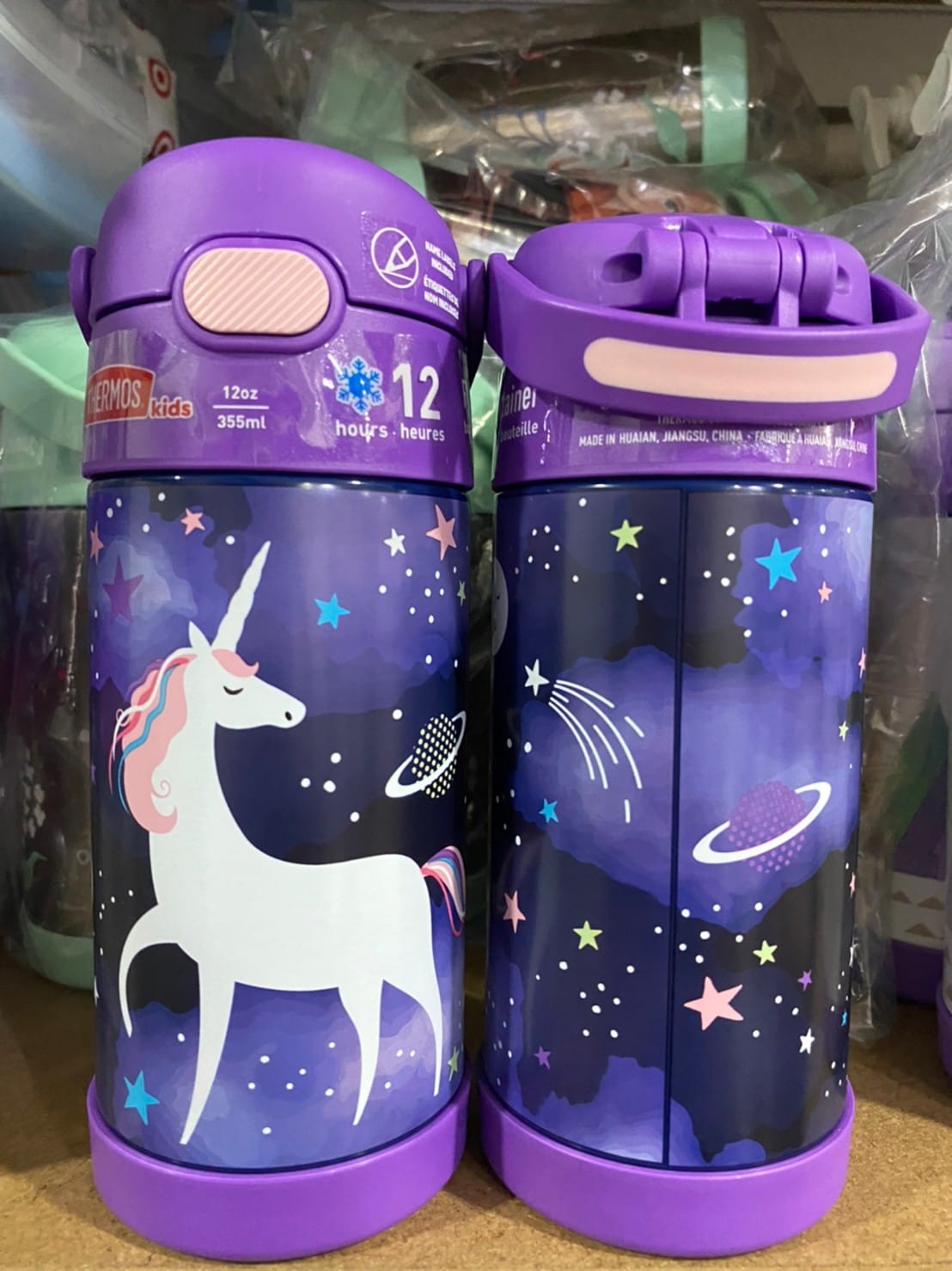 กระติกดูดน้ำแตนเลสหุ้มฉนวนสุญญากาศยี่ห้อ Thermos ของแท้ขนาด 12 ออนซ์ ลาย Space Unicorn