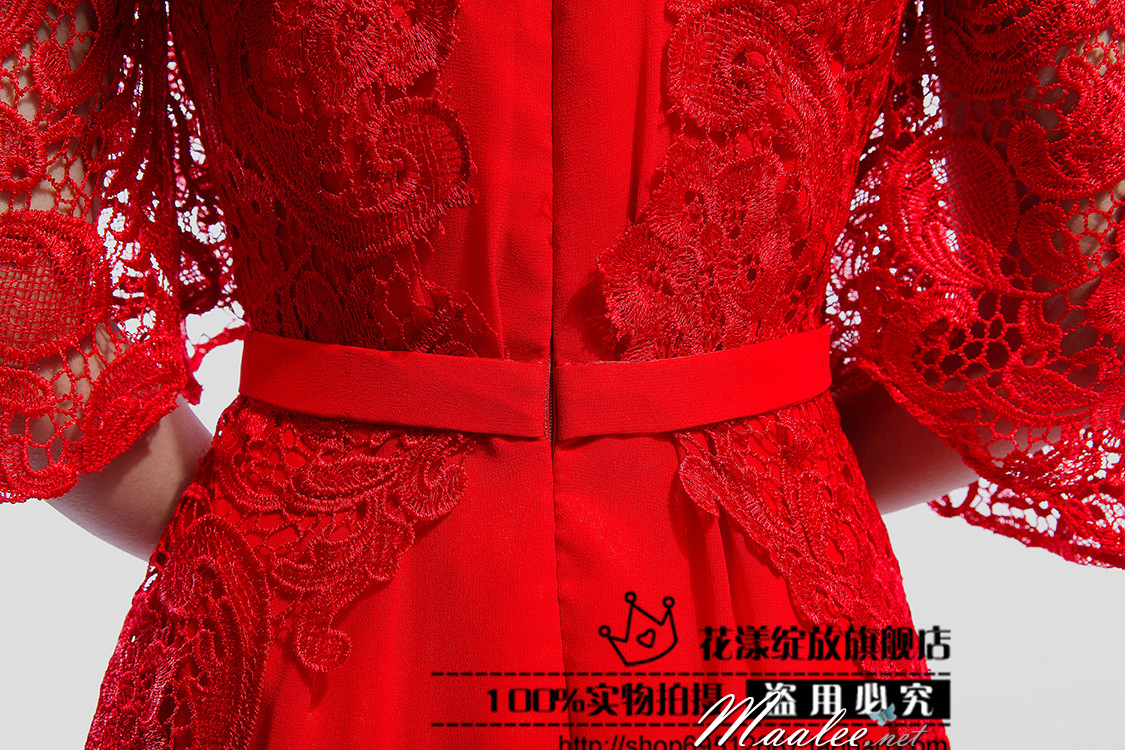 พร้อมเช่า ชุดราตรียาว สีแดง แขนสามส่วน แต่งลูกไม้ จับเดรปทรงนาฬิกาทราย (L=3XL)