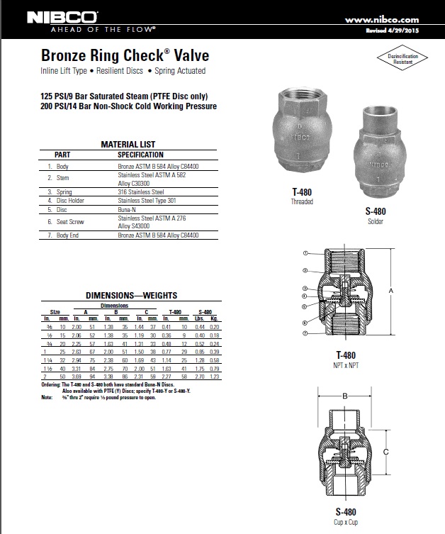 BRONZE RING CHECK VALVE 250 psi รุ่น T-480 ยี่ห้อ NIBCO