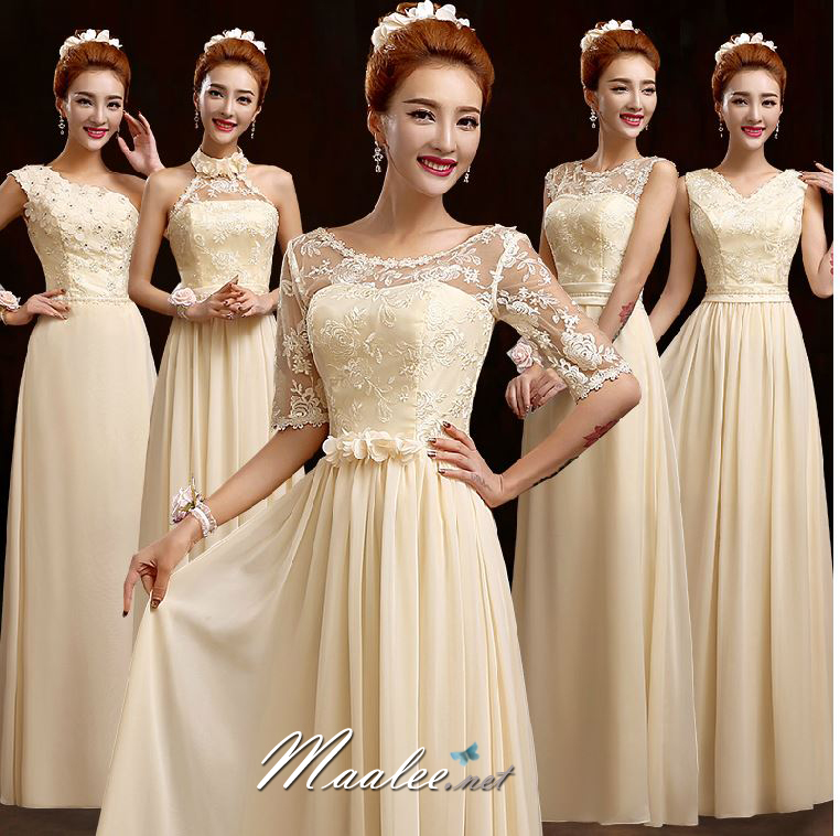 พร้อมส่ง ชุดราตรียาว ชุดเพื่อนเจ้าสาว สีครีม แบบ C แขนยาว ผ้าตาข่ายแต่งลูกไม้โปร่ง เอวเพิ่มดอกสวย (เชือกผูกด้านหลัง)