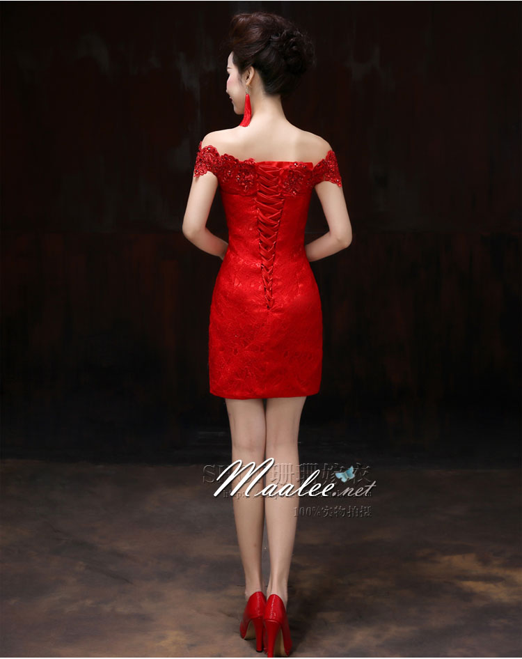 พร้อมส่ง ชุดราตรีสั้น แบบปาดไหล่เซ็กซี่ เข้ารูป สีแดง ผ้าลูกไม้ แต่งเลื่อมสุดหรู (เชือกผูกหลัง)