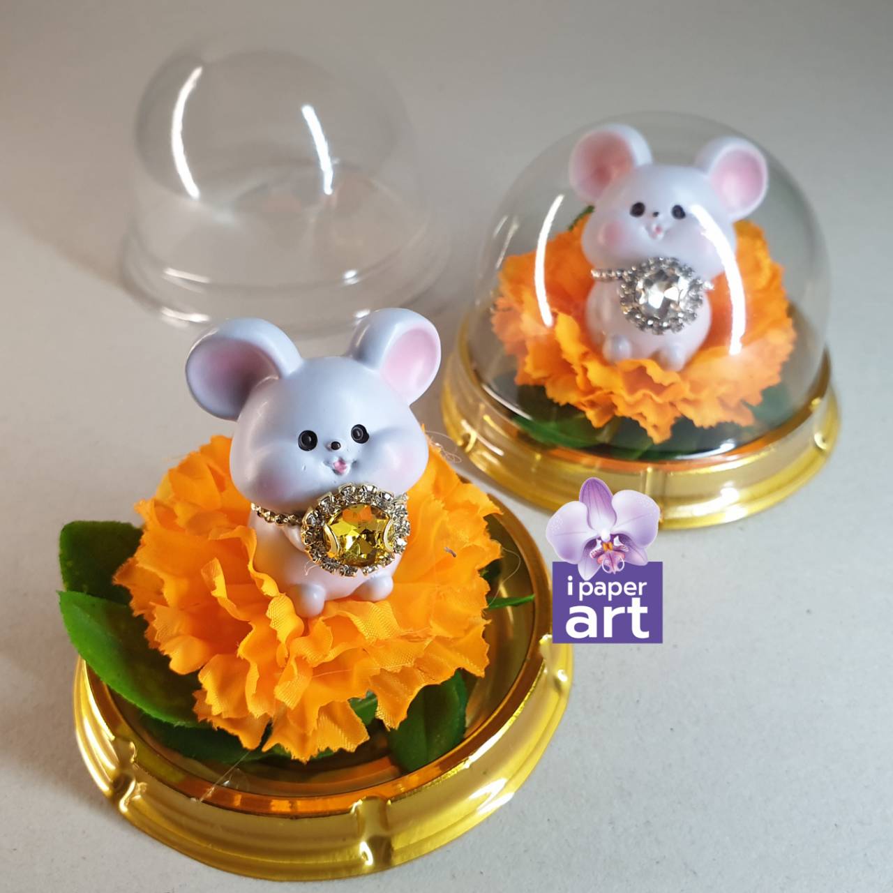 หนูมุสิกะคู่ คริสตัลงานพรีเมี่ยมเงินทอง | บริวารพระพิฆเนศ ถวายเพชรเงินเพชรทอง งานปราณีต