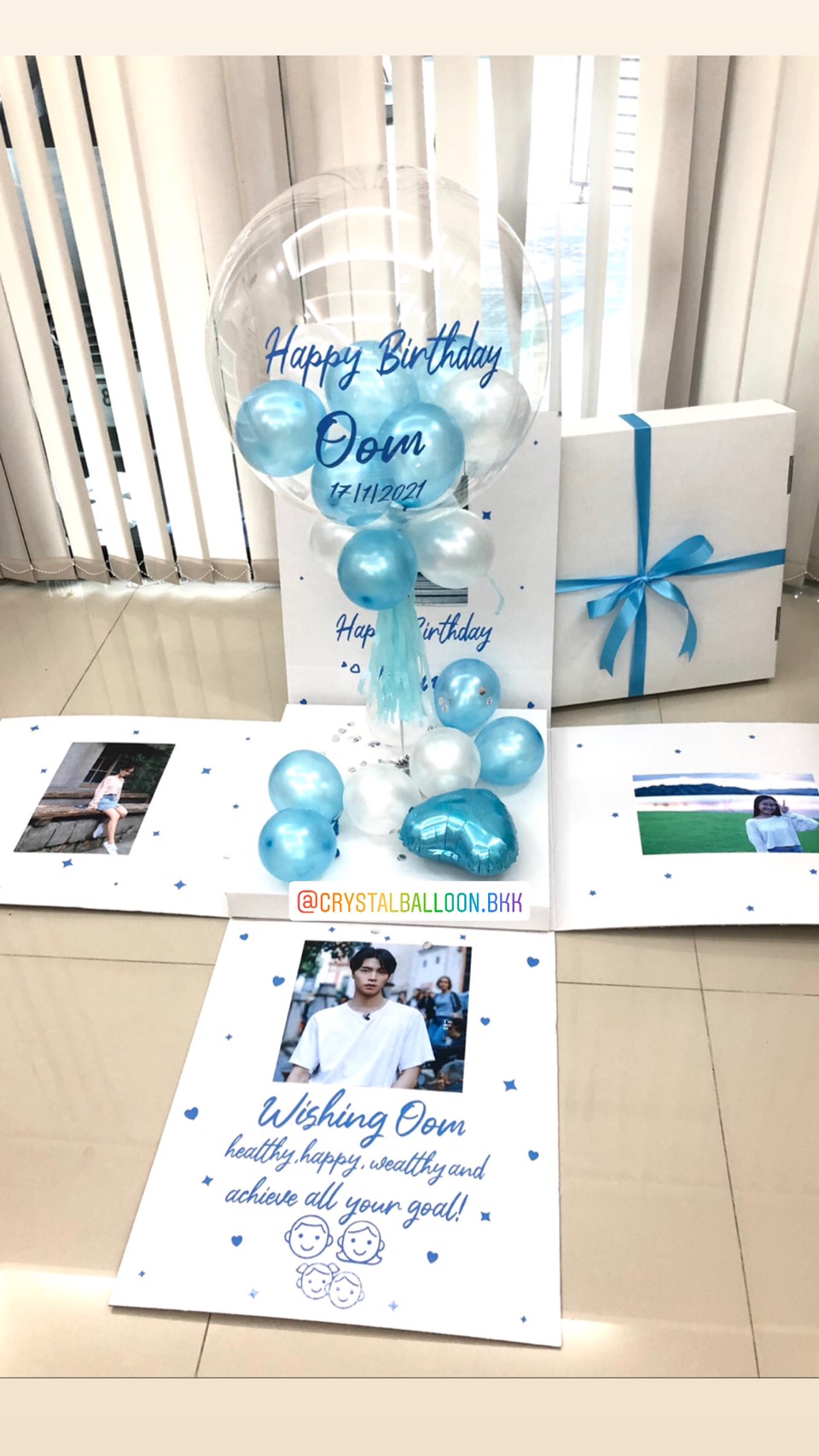 Happy Birthday Surprise Box กล่องเซอร์ไพรส์วันเกิด Bubble USA ขนาด 24" Theme สีฟ้า พร้อมตกแต่ง สามารถใส่รูปได้ 4 ใบ สามารถเปลี่ยนสีลูกโป่ง/เปลี่ยนข้อความได้