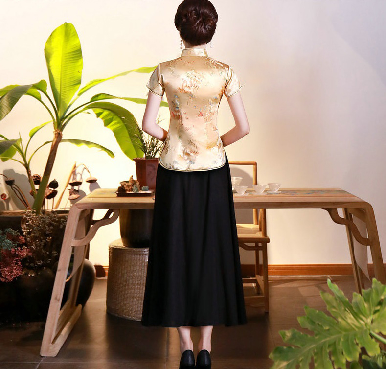 Pre-order เสื้อกี่เพ้า สีทอง ลายมังกรนกฟินิกซ์ ผ้าไหมจีน กุ๊นขอบ ตัดเย็บอย่างดี