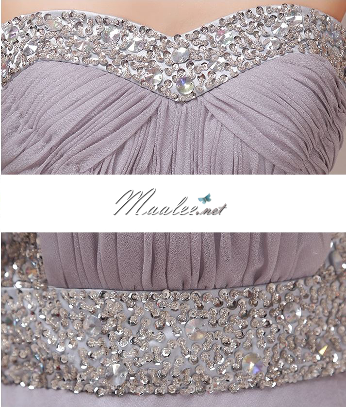 พร้อมส่ง ชุดราตรียาว เกาะอก แต่งเพชรหรู สีเทา