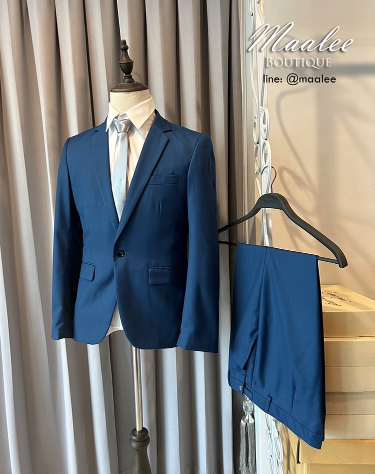 พร้อมเช่า ชุดสูทชาย สีฟ้าน้ำทะเล สไตล์เกาหลี (ไม่มีเสื้อกั๊ก)