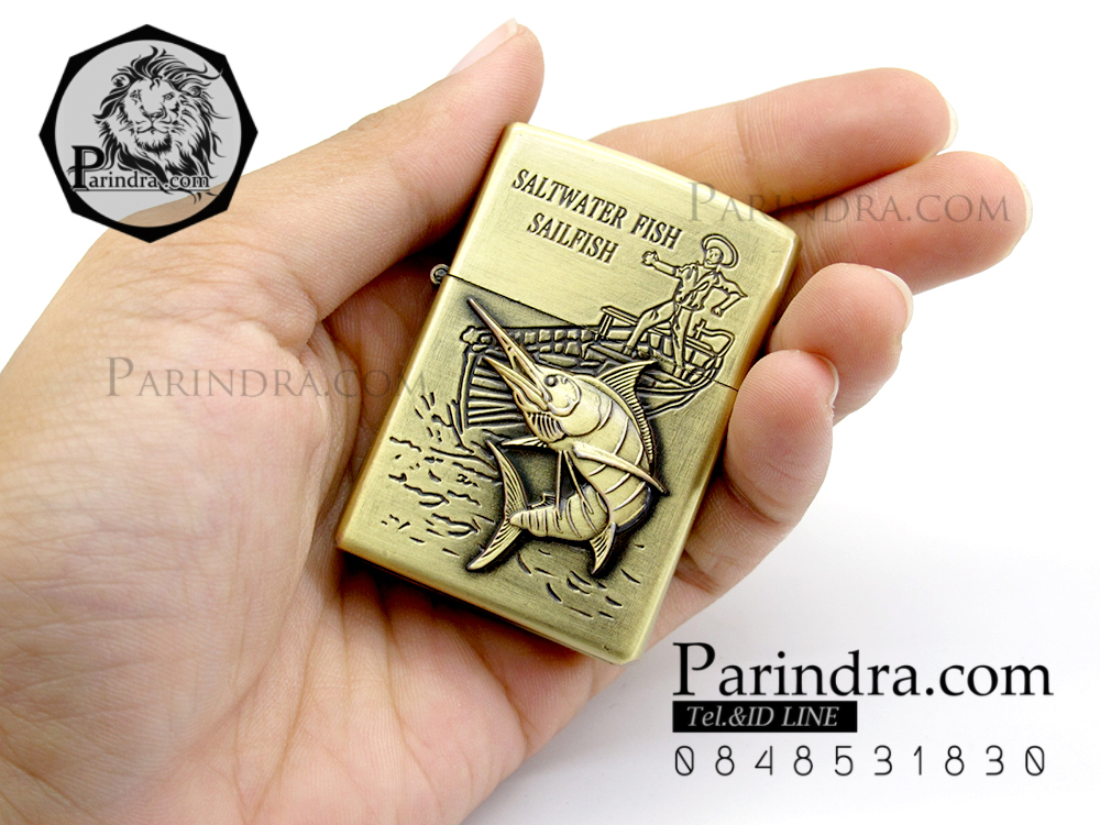 ไฟแช็คน้ำมัน ลายปลากระโทงร่ม ติดเบ็ด สีทองเหลือง ไฟแช็คนักตกปลา