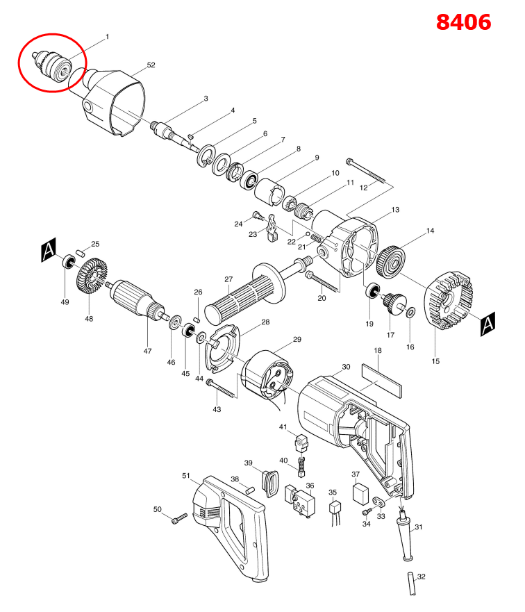 หัวสว่าน สว่าน Makita มากีต้า HP2010N, 8406, 8406C, 6300, 8419B, 6013B, 6013BR, 6300LR Pn.192877-8 (แท้) ##