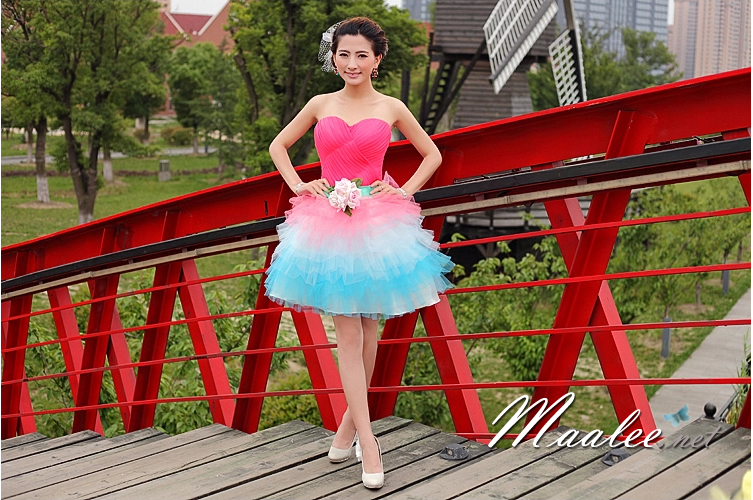 พร้อมเช่า ชุดแฟนซี เช่า 500 ชุดราตรีสั้น เกาะอก สีชมพู สีหวานเย็น อกจับจีบตีเกล็ด กระโปรงตาข่าย น่ารักมาก