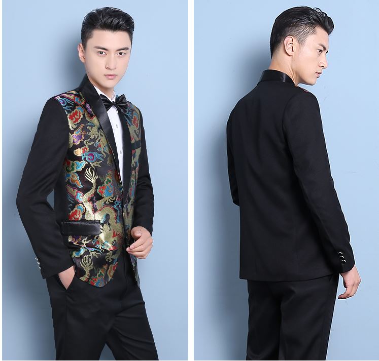 Pre-order ชุดสูทจีนชาย สีน้ำเงินปกคอน้ำเงิน พิมพ์ลายกราฟฟิก