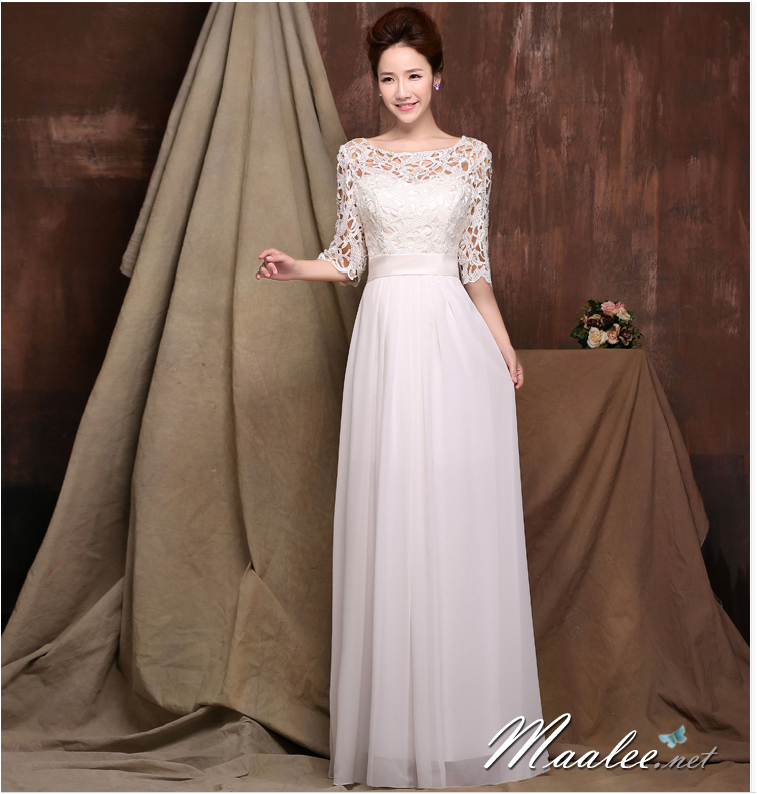 พร้อมเช่า ชุดราตรียาว สีขาว แขนสามส่วน ลูกไม้ฉลุ กระโปรงผ้าชีฟอง